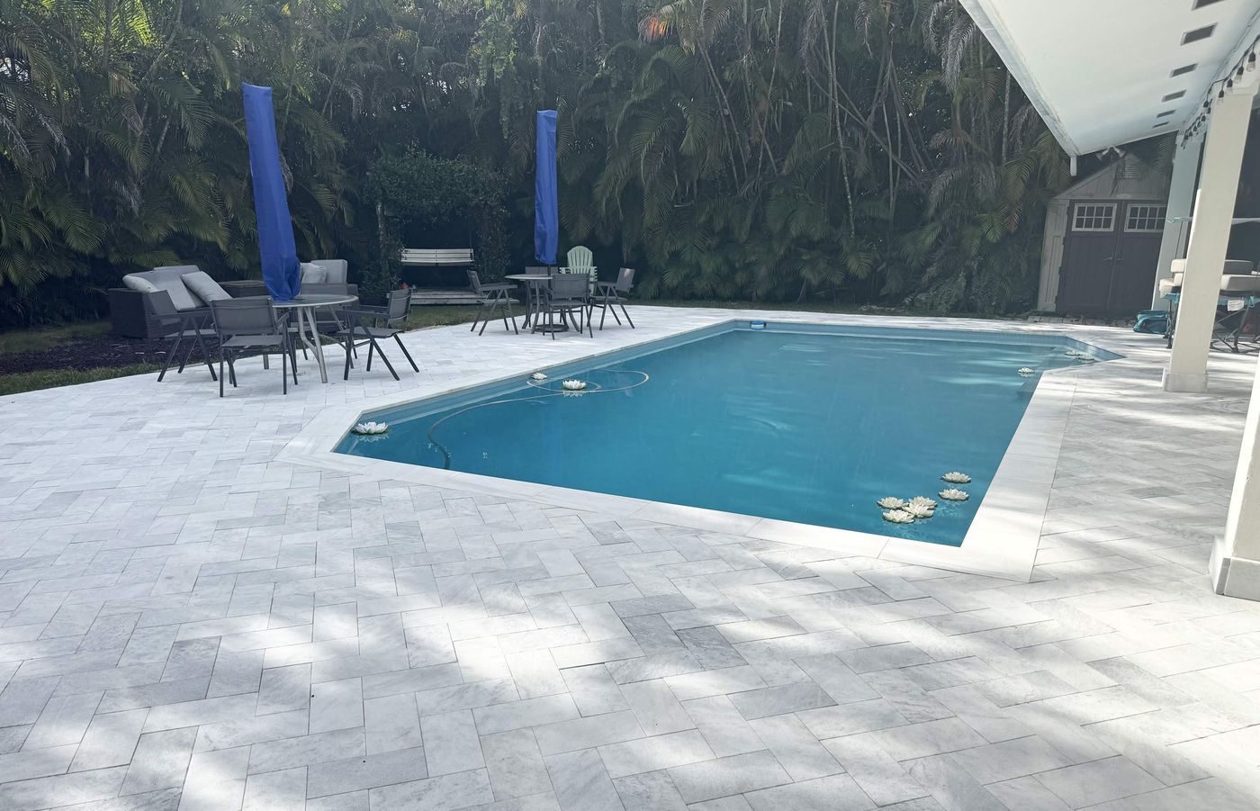 Rectangular swimming pool with a new white marble paver deck and coping, framed by tropical palms.
